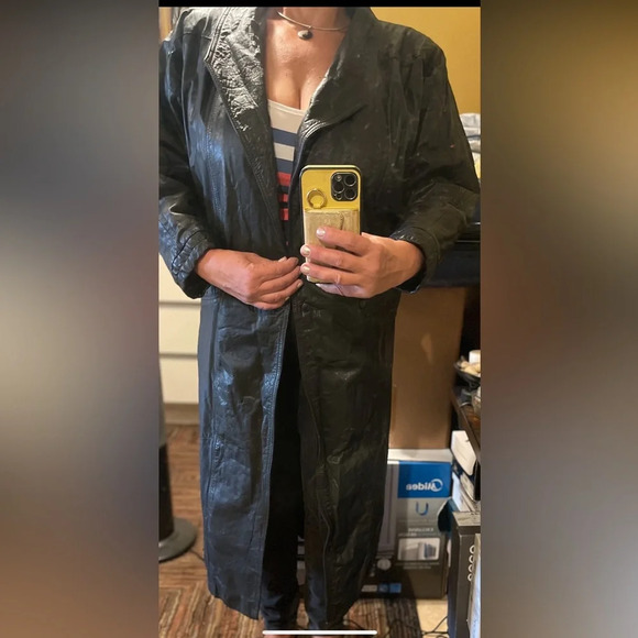 VTG Natural leather long jacket/ coat size M BLACK Turkey - Picture 2 of 11